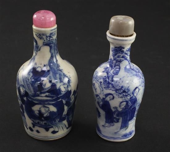 Two Chinese blue and white soft paste porcelain snuff bottles, 1820-1900, 7.5cm